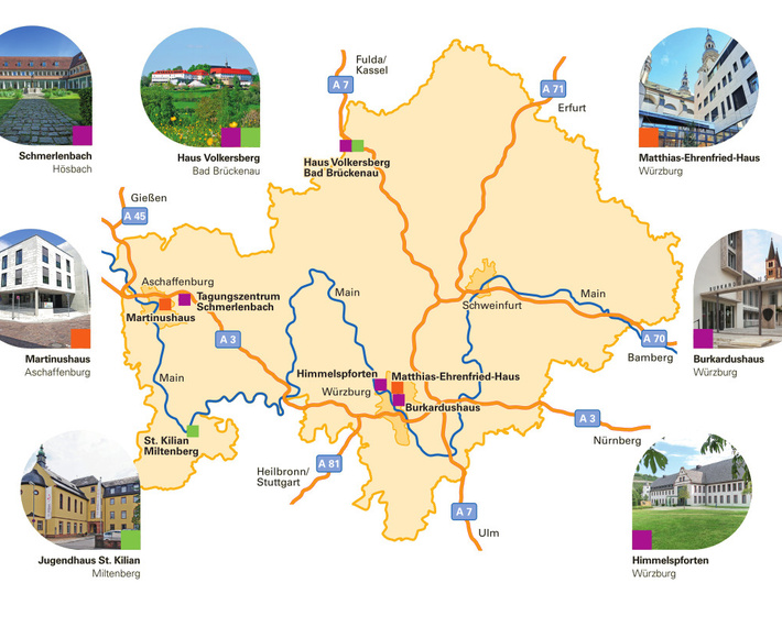 Die Karte zeigt alle Tagungshäuser, die mit Bildern und Standorten markiert sind. Wichtige Städte und Autobahnen sind ebenfalls eingezeichnet, um die Lage der Häuser zu verdeutlichen.