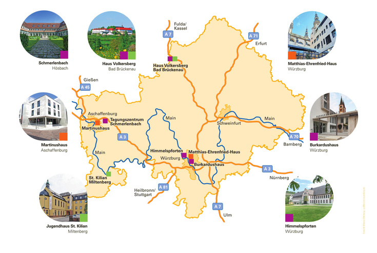 Die Karte zeigt alle Tagungshäuser, die mit Bildern und Standorten markiert sind. Wichtige Städte und Autobahnen sind ebenfalls eingezeichnet, um die Lage der Häuser zu verdeutlichen.